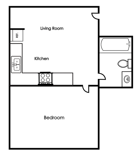 A floor plan of a room with a living room, kitchen, and bedroom.
